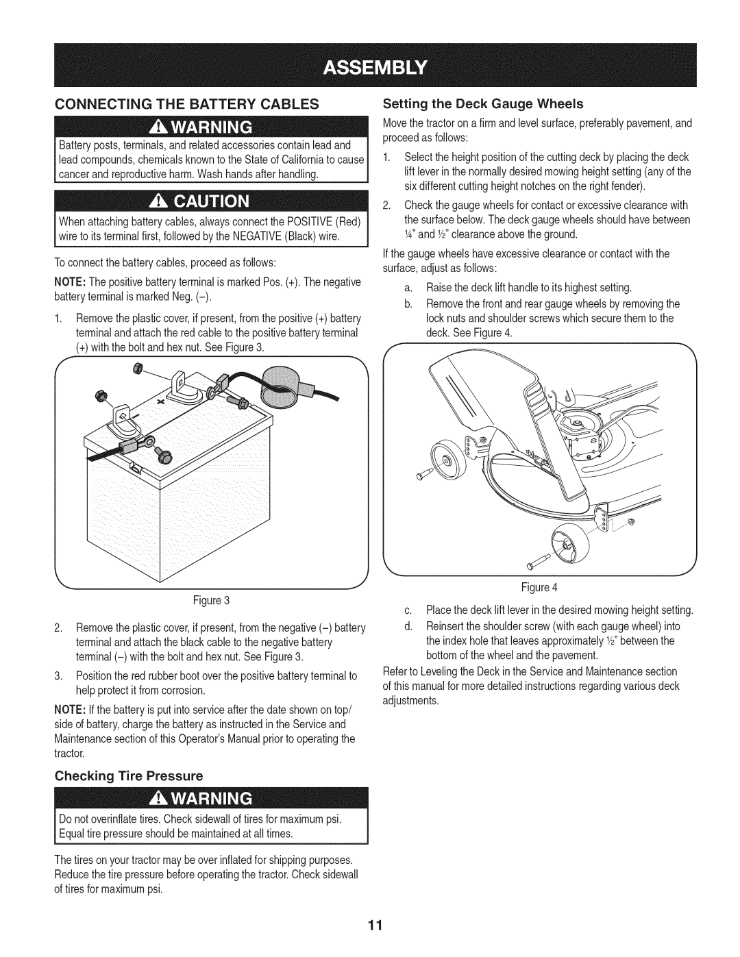 Craftsman 247.28672 Connecting the Battery Cables, Toconnectthe batterycables,proceedas follows, Checking Tire Pressure 