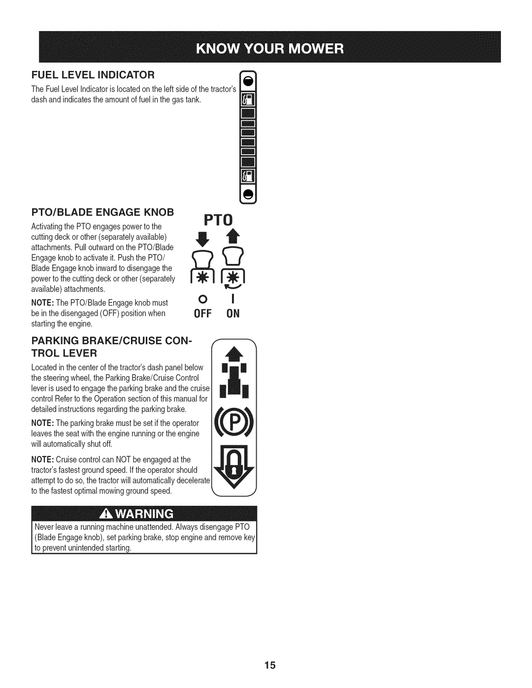 Craftsman 247.28672, PYT 9000 manual Fuel Level Indicator, PTO/BLADE Engage Knob, Parking BRAKE/CRUISE CON Trol Lever 