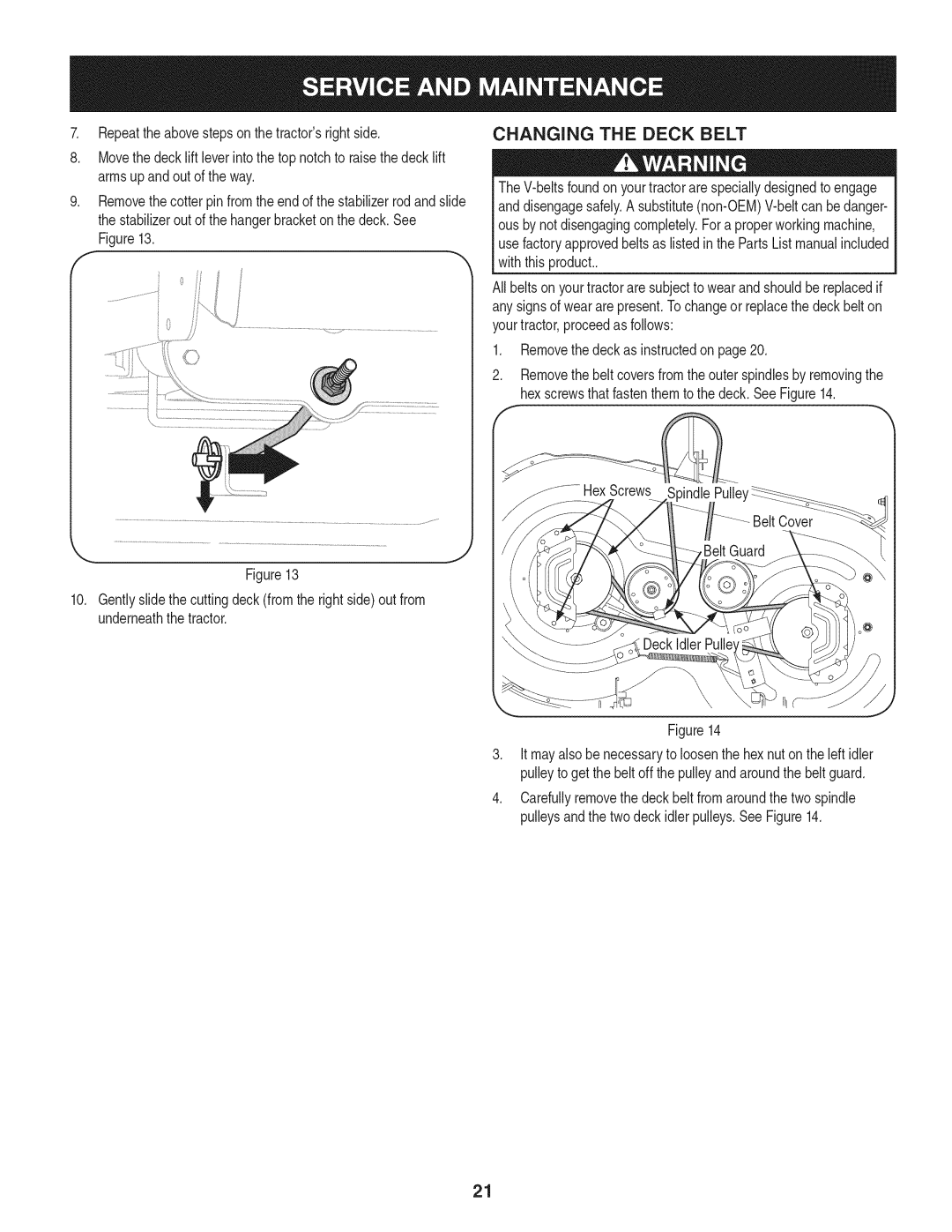 Craftsman 247.28672, PYT 9000 manual Changing the Deck Belt 