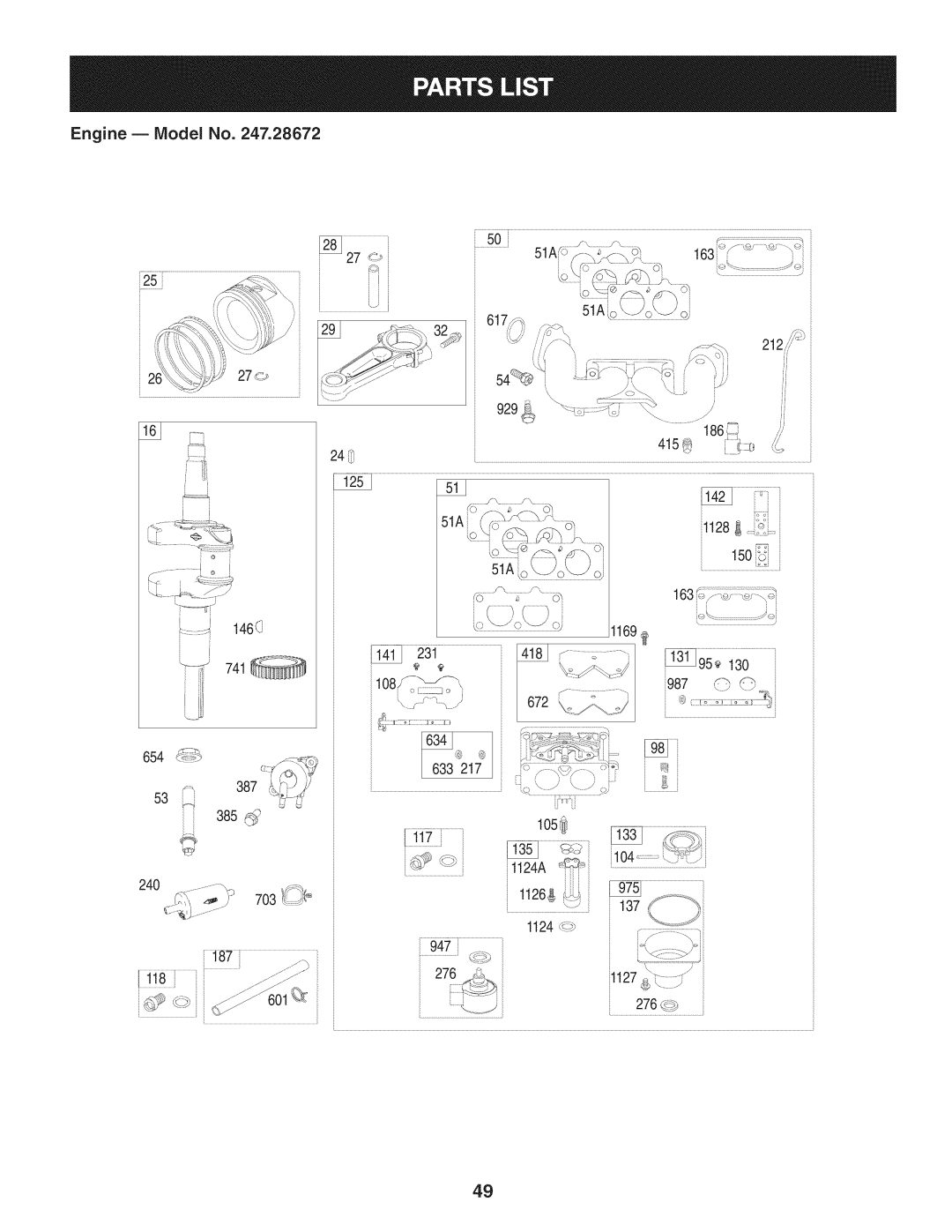 Craftsman 247.28672, PYT 9000 manual Engine -- Model No 279, 146 1169, 387 385, 1124A, 1126, 1124 947 276 