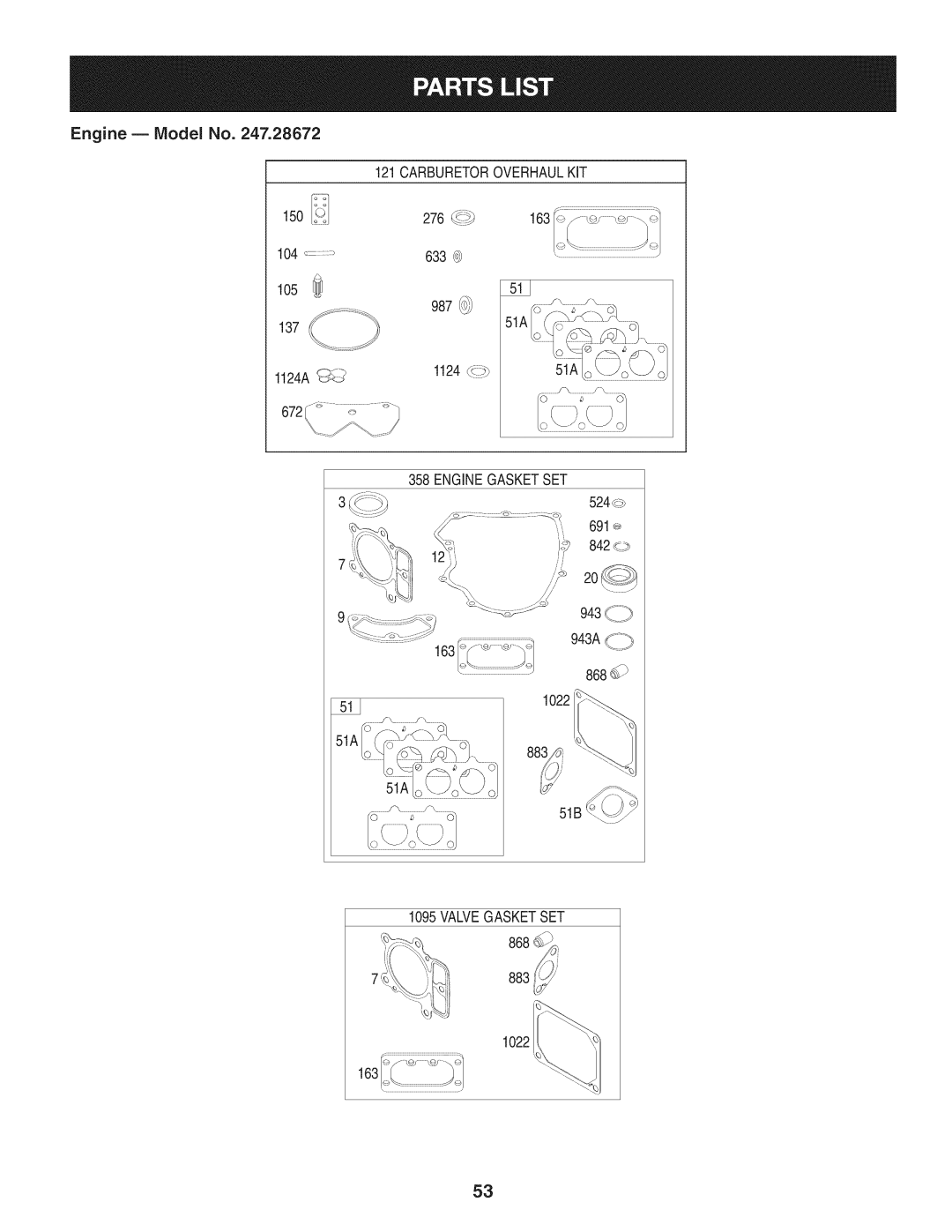 Craftsman 247.28672, PYT 9000 manual Engine B Model No, 1124Af 51A, 524p 691÷ 943A, 51A 51B 