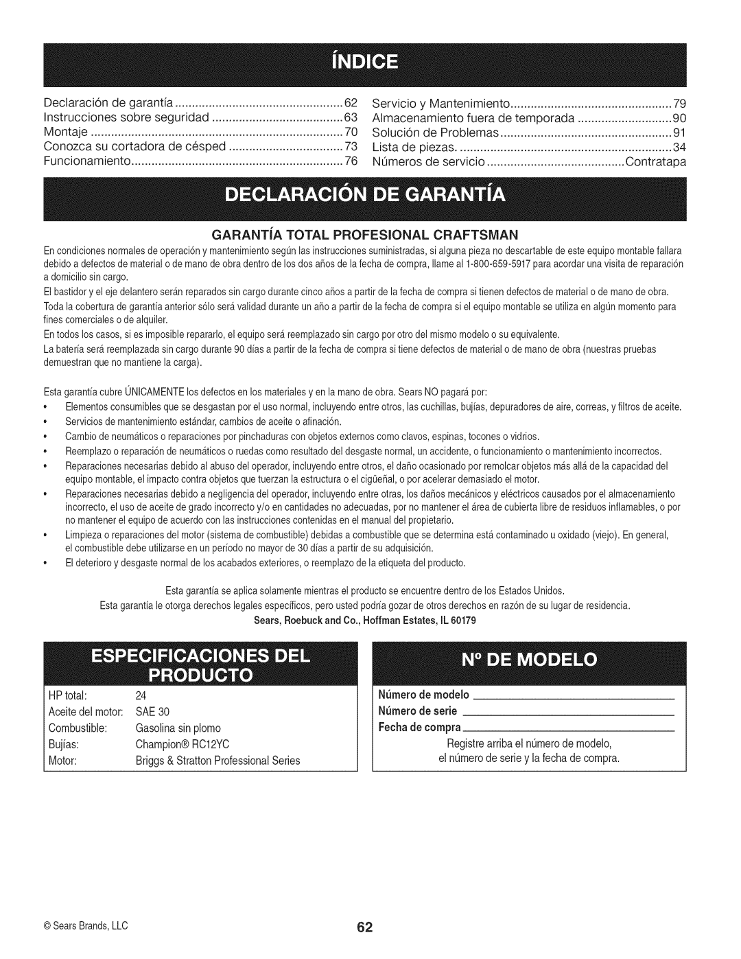 Craftsman PYT 9000 manual Declaracion De garantia, Instrucciones Sobre seguridad, Montaje, Conozca su cortadora de cesped 