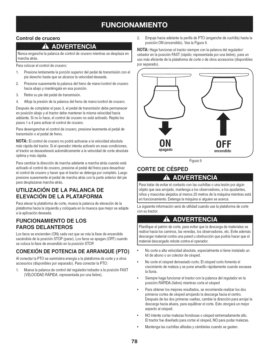 Craftsman PYT 9000 Utilizacion DE LA Palanca DE, Faros Delanteros, Conexicn DE Potencia DE Arranque PTO, Corte DE Cesped 