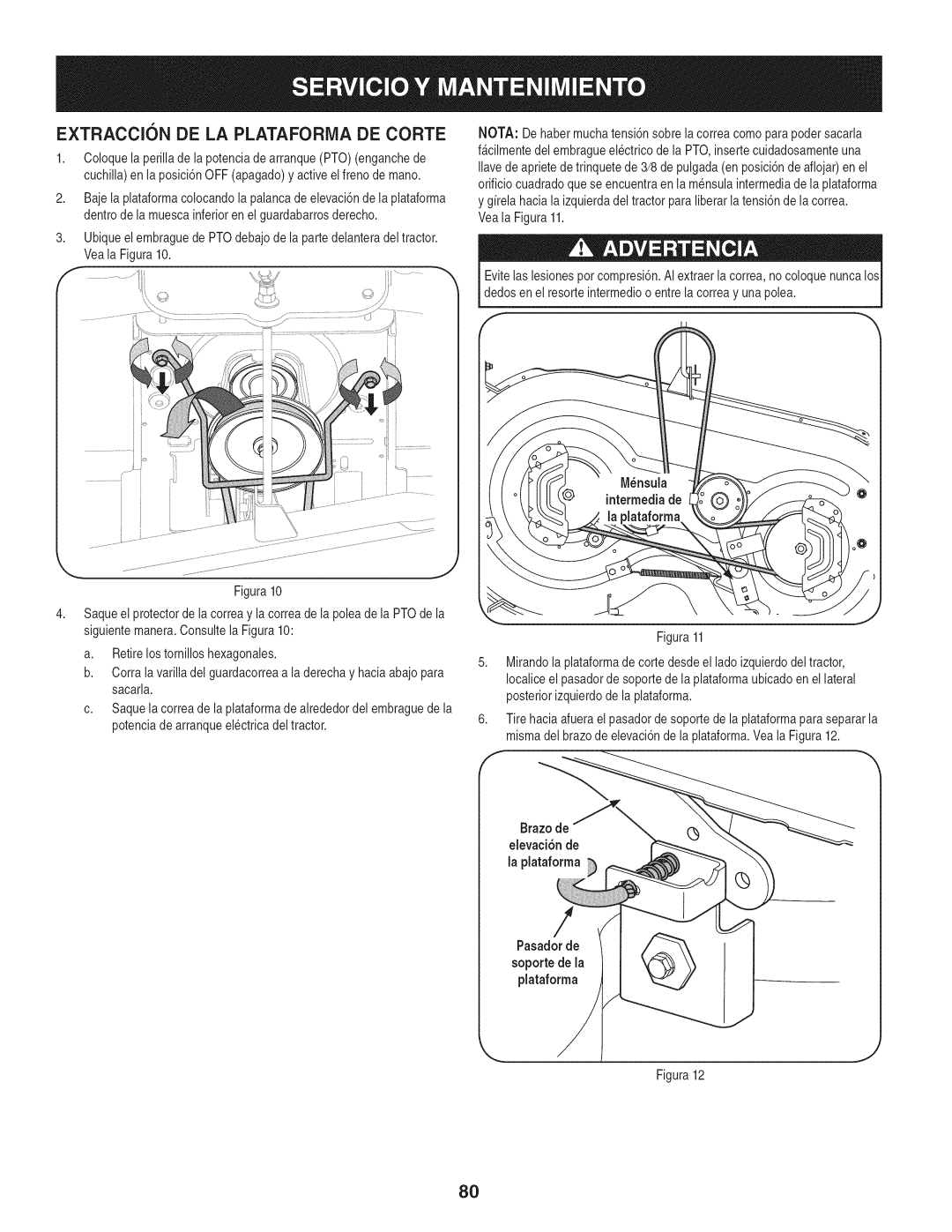 Craftsman PYT 9000, 247.28672 manual Extraccionde LA PLATAFORIVlA DE Corte 