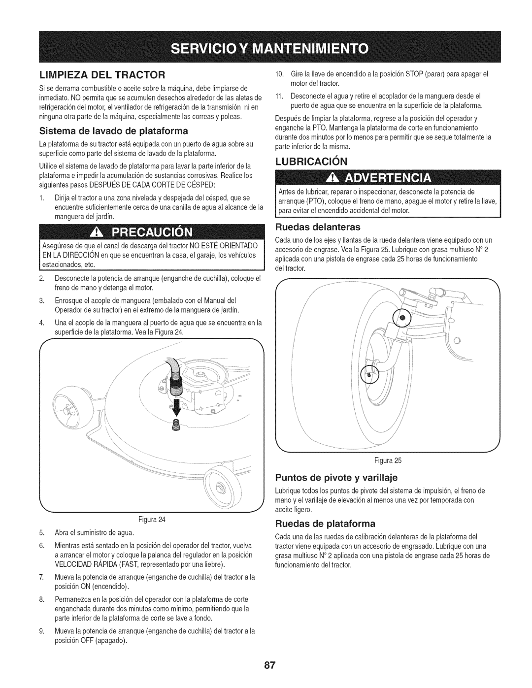 Craftsman 247.28672, PYT 9000 manual Limpieza DEL Tractor, Lubricacion, Puntos de pivote y varillaje 