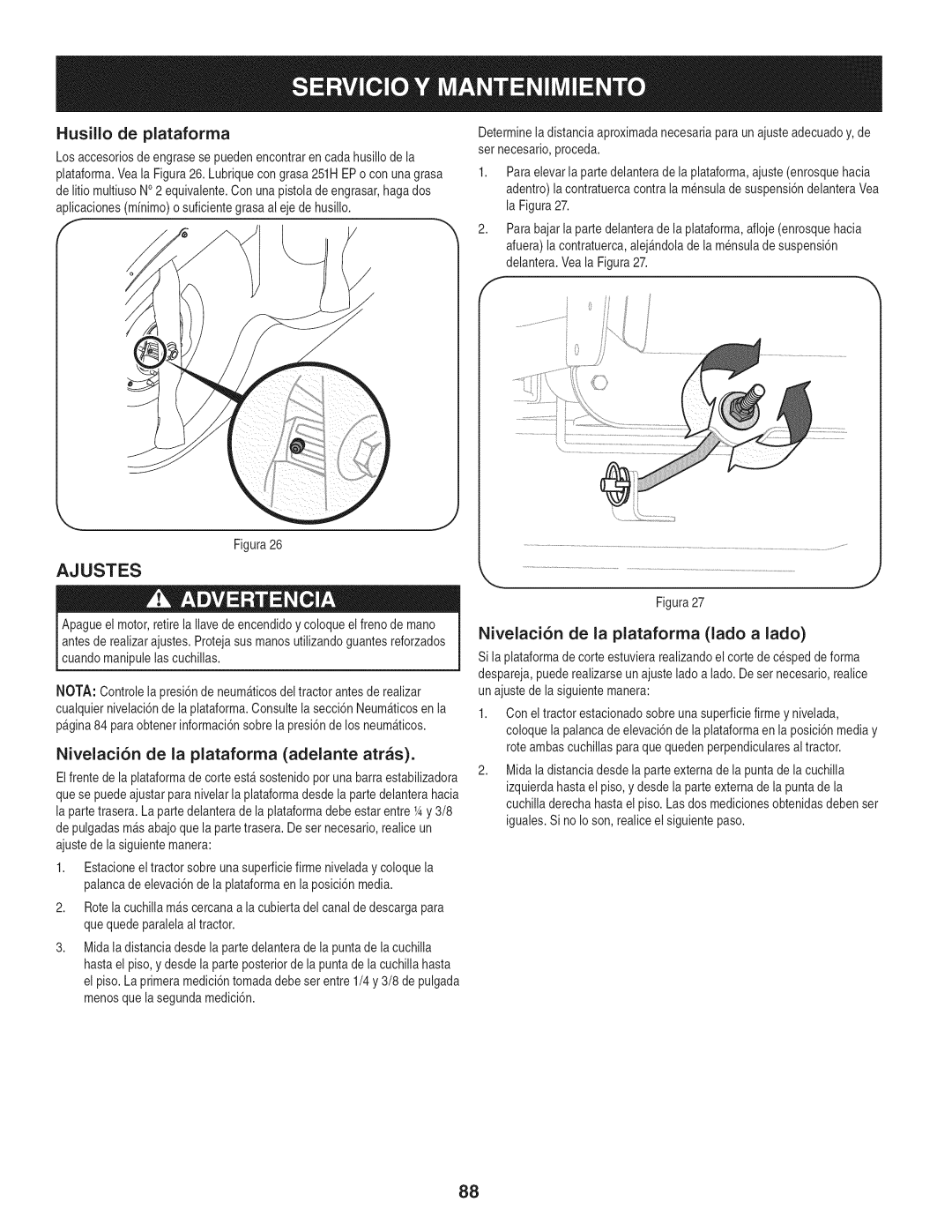 Craftsman PYT 9000, 247.28672 manual Ajustes, Husillo de plataforma, Nivelaci6n de la plataforma adelante arras 