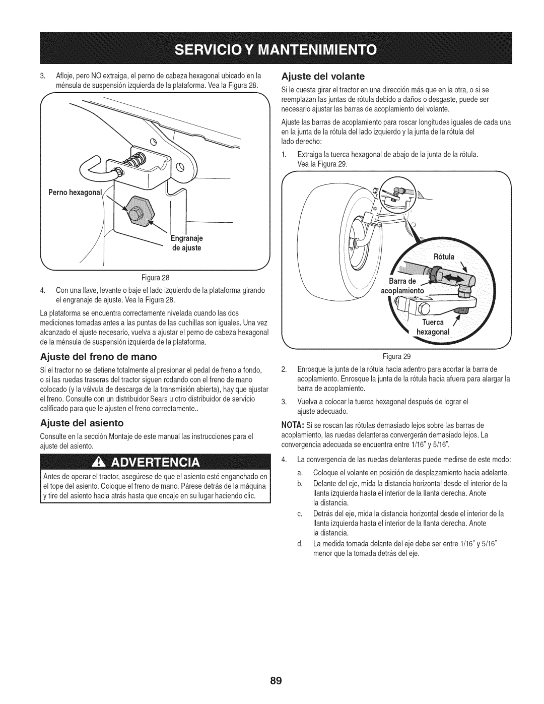 Craftsman 247.28672, PYT 9000 manual Ajuste del freno de mano, Ajuste del volante, Ajuste del asiento 