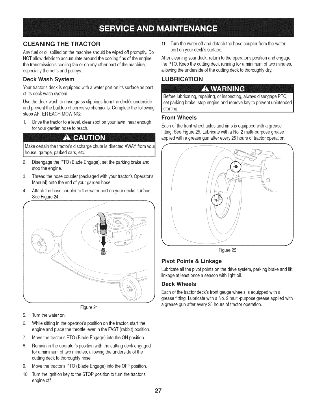 Craftsman 247.28672, PYT 9000 manual Cleaning The Tractor, Lubrication, Front Wheels, Pivot Points & Linkage 