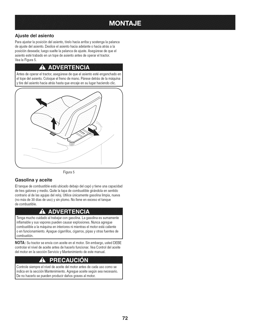 Craftsman PYT 9000, 247.28672 manual Ajuste del asiento, Gasolina y aceite 