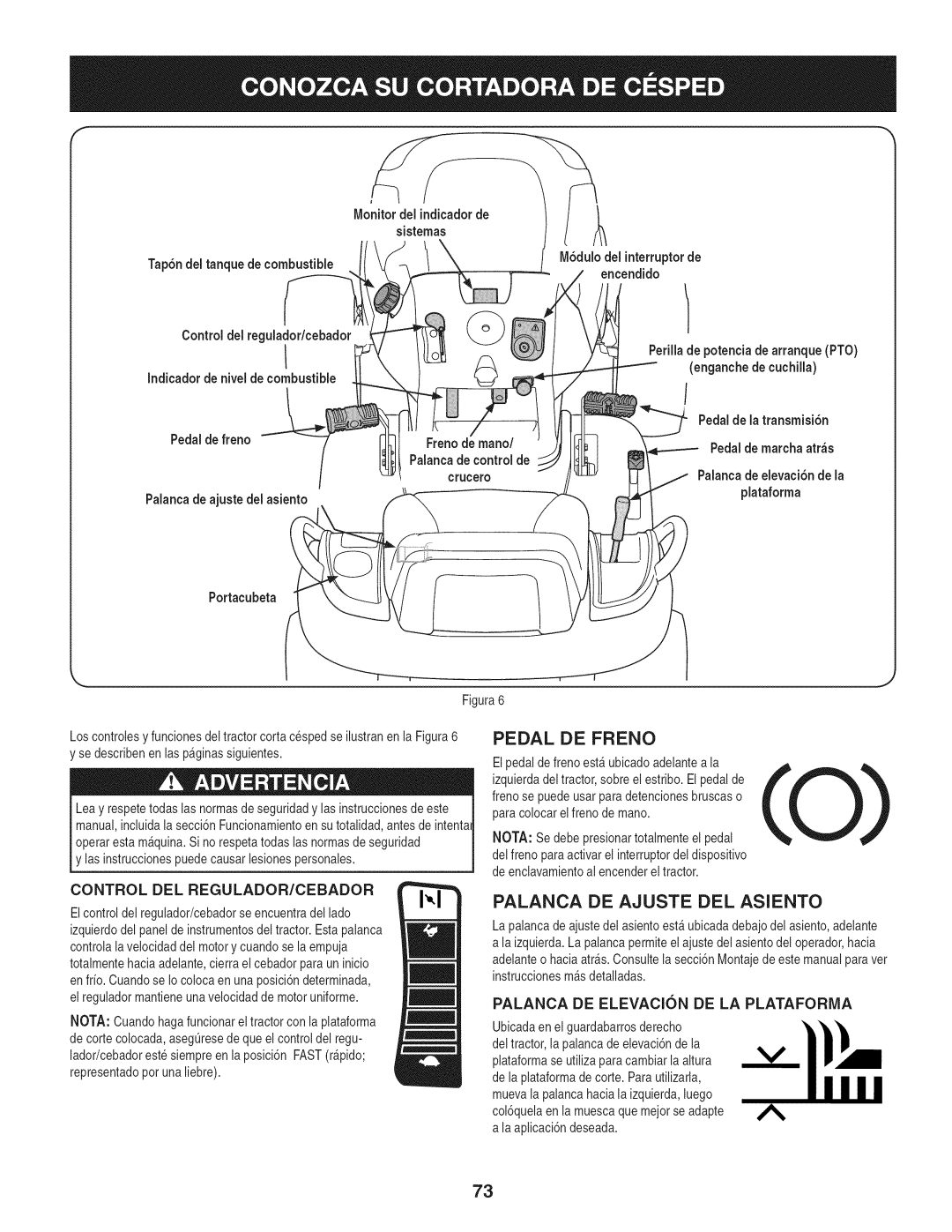 Craftsman 247.28672, PYT 9000 manual Pedal De Freno, Palanca De Ajuste Del Asiento 