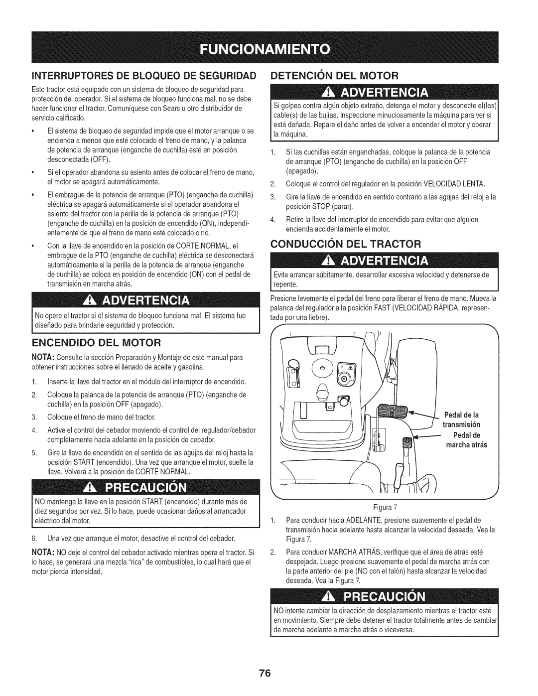 Craftsman PYT 9000, 247.28672 manual Interruptoresde Bloqueo De Seguridad, Detencion Del Motor, Conduccion Del Tractor 