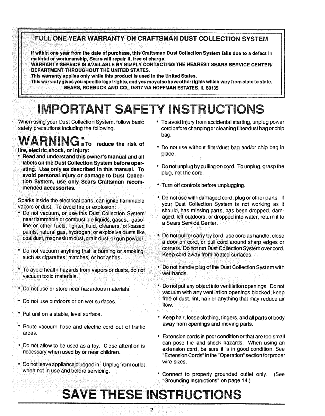 Craftsman SP5373 manual Fulloneyear Warranty on Craftsman Dust C-OLL, SEARS, Roebuck and CO., D/817 WA Hoffman ESTATES,IL 