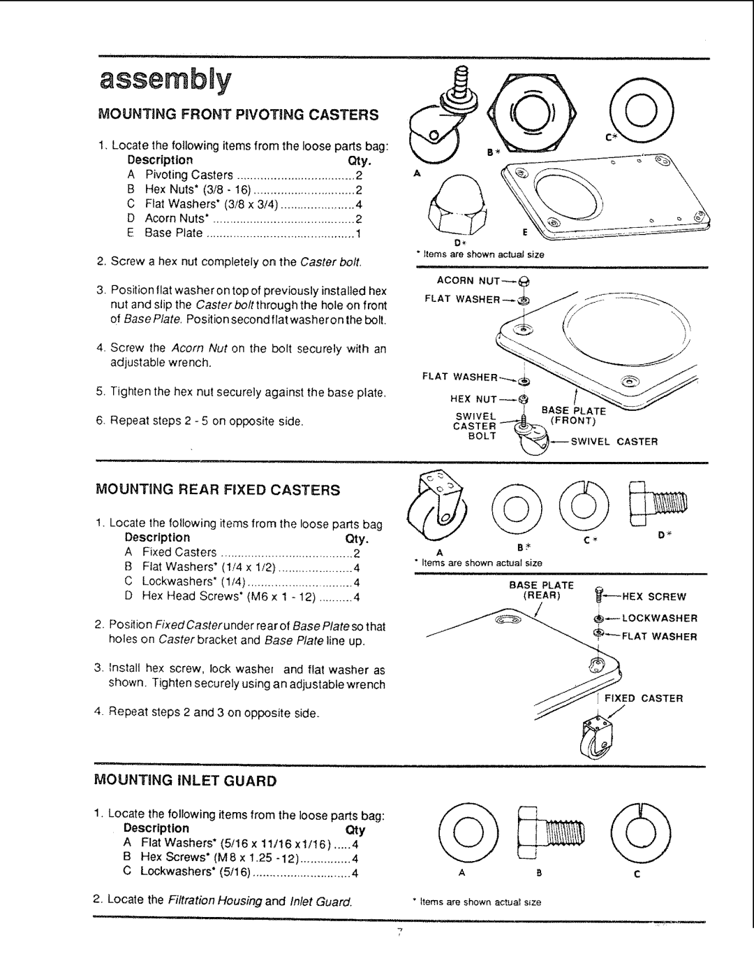 Craftsman SP5373 manual Mounting Front Prvoting Casters, MOUNTnNG iNLET Guard, DescriptionQty, Mounting Rear Fixed Casters 