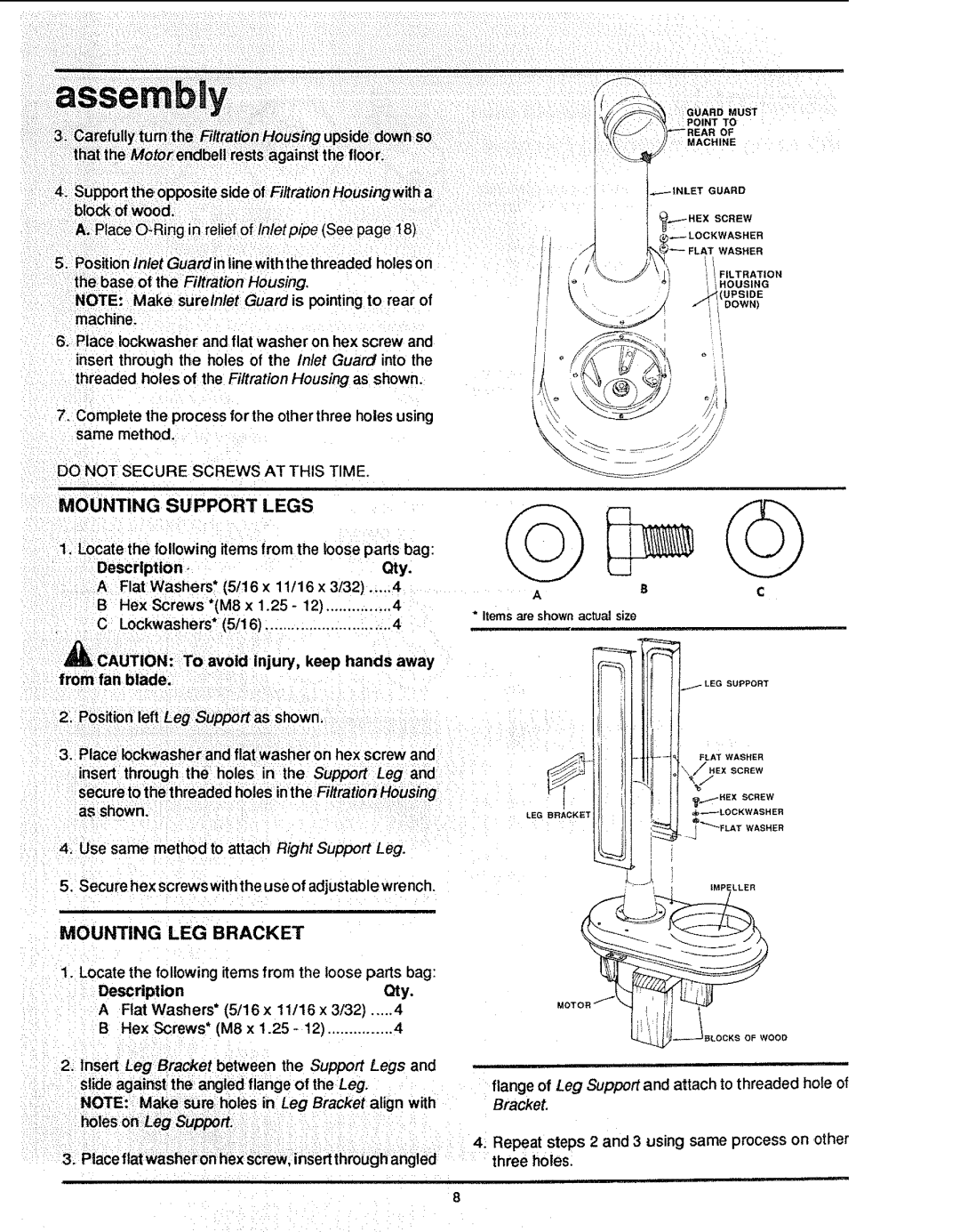 Craftsman SP5373 manual Mounting Support Legs, Mounting LEG Bracket, DescriptionQty Flat Washers* 5/16x 11/16 x 3/32 