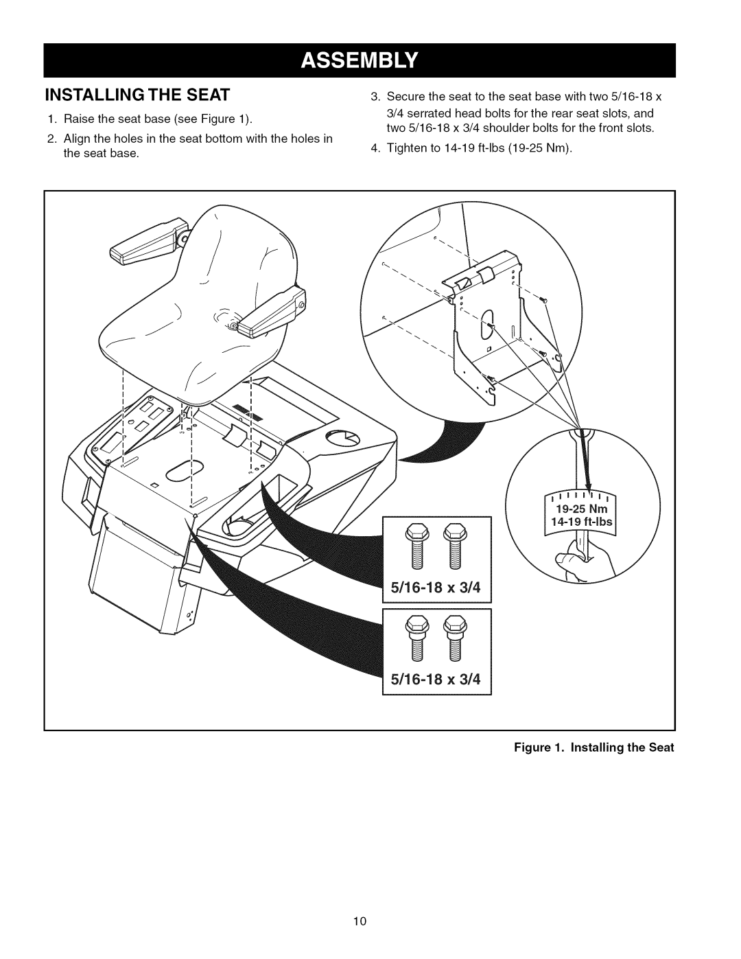 Craftsman 107.289860, ZTS 6000 manual Installing the Seat, 16-18 x 3/4 