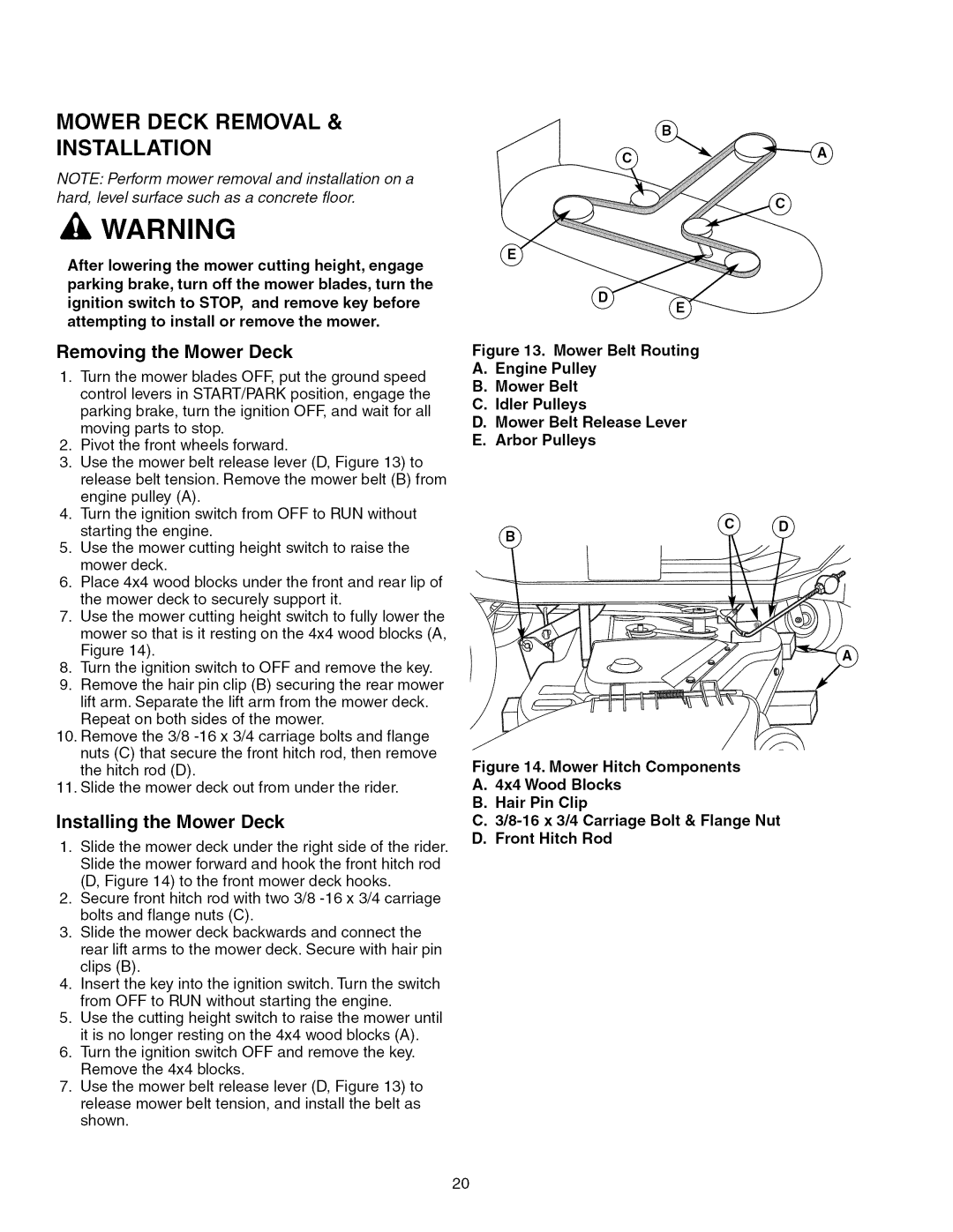 Craftsman ZTS 6000, 107.289860 manual Mower Deck Removal Installation, Removing the Mower Deck, Installing the Mower Deck 