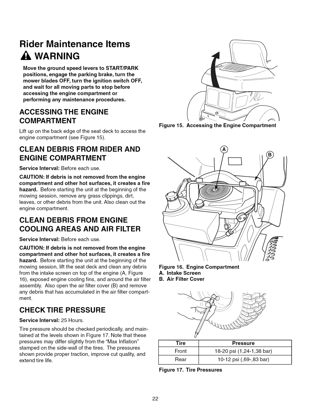 Craftsman 107.289860 Accessing the Engine Compartment, Clean Debris from Rider and Engine Compartment, Check Tire Pressure 