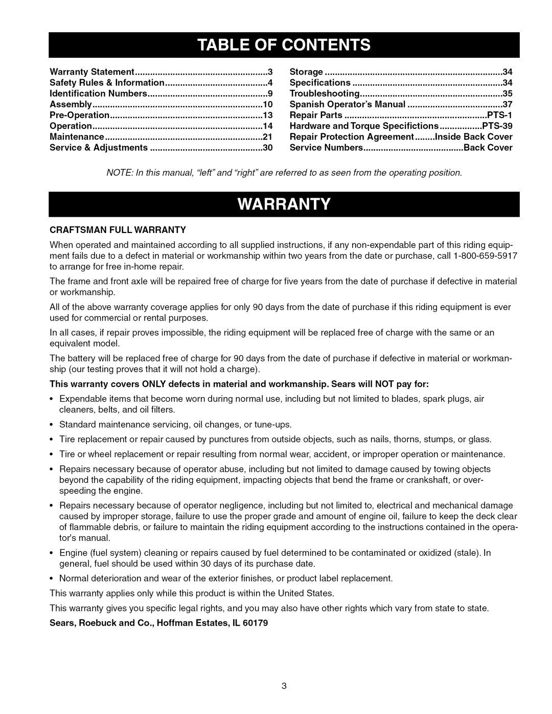 Craftsman ZTS 6000, 28986 Warranty Statement Storage Safety Rules Information, Identification Numbers, Assembly, PTS-1 