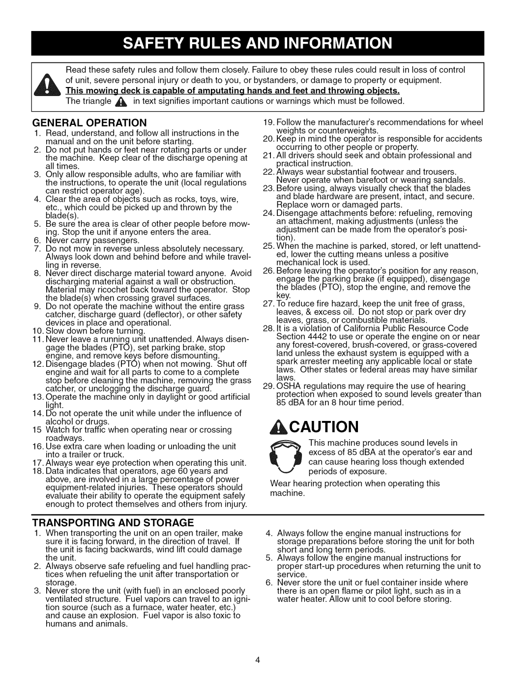 Craftsman 107.289860, ZTS 6000 manual General Operation, Transporting and Storage 