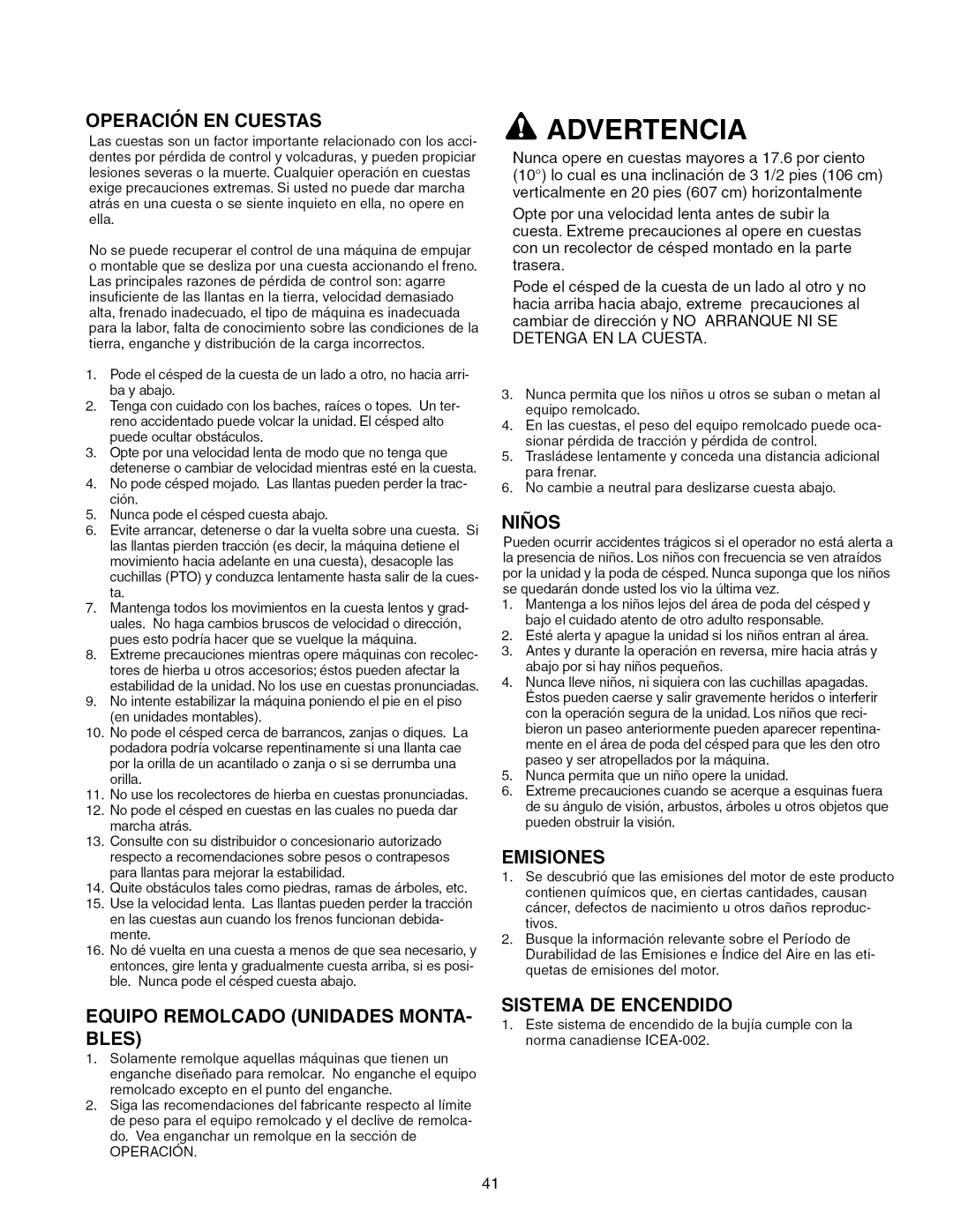 Craftsman 28986, ZTS 6000 manual Operacion EN Cuestas, Equipo Remolcado Unidades Monta, Emisiones, Sistema DE Encendido 