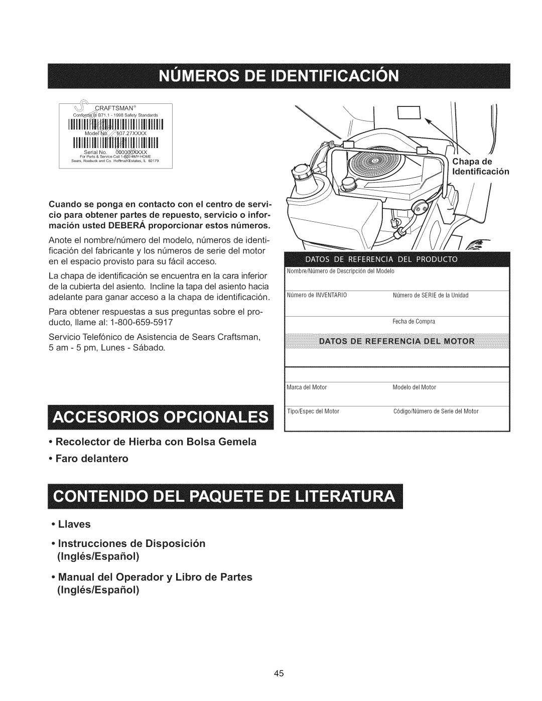 Craftsman ZTS 6000, 107.289860 manual Recolector de Hierba con Bolsa Gemela Faro delantero, Llaves, Identificaci6n 