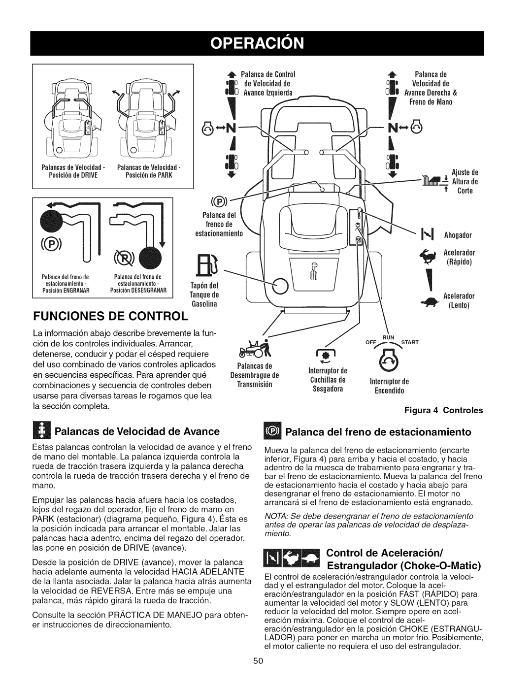 Craftsman ZTS 6000, 107.289860 manual Control de Aceleracibn Estrangulador Choke-O-Matic, PalancadeControl, Gasolina 