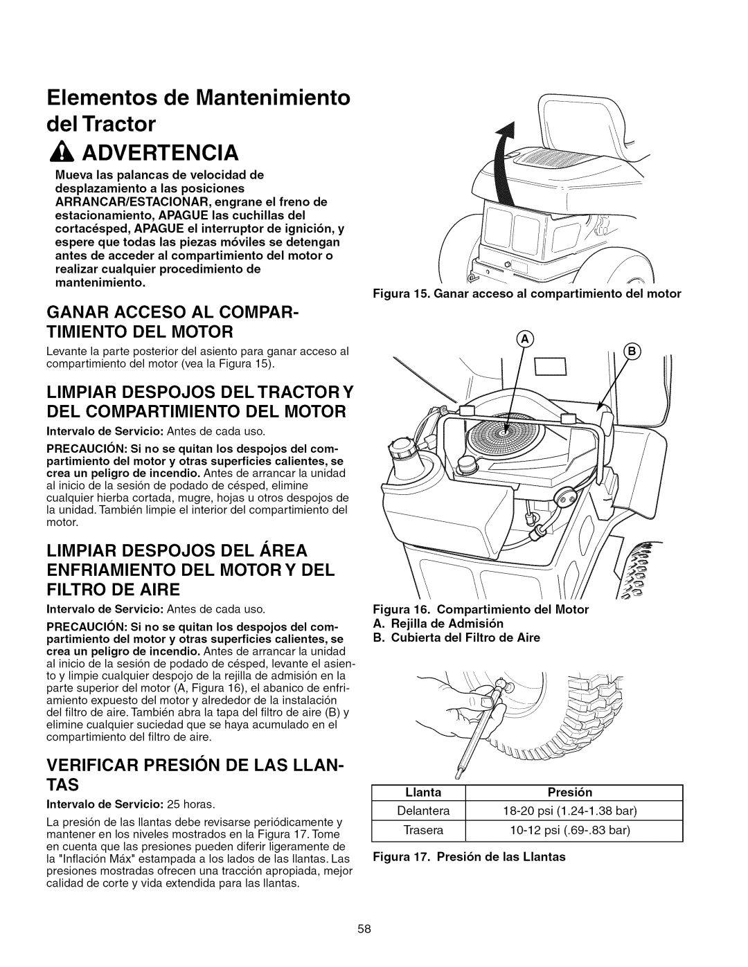 Craftsman 107.289860 manual Ganar Acceso AL Compar Timiento DEL Motor, Filtro DE Aire, Verificar Presion DE LAS LLAN- TAS 