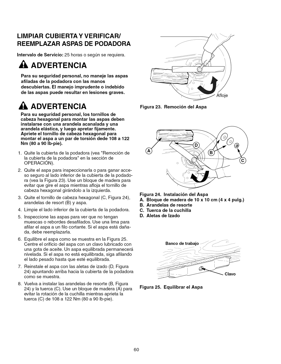 Craftsman ZTS 6000, 107.289860 manual Figura 23. Remoci6n del Aspa, Figura 25. Equilibrar el Aspa 