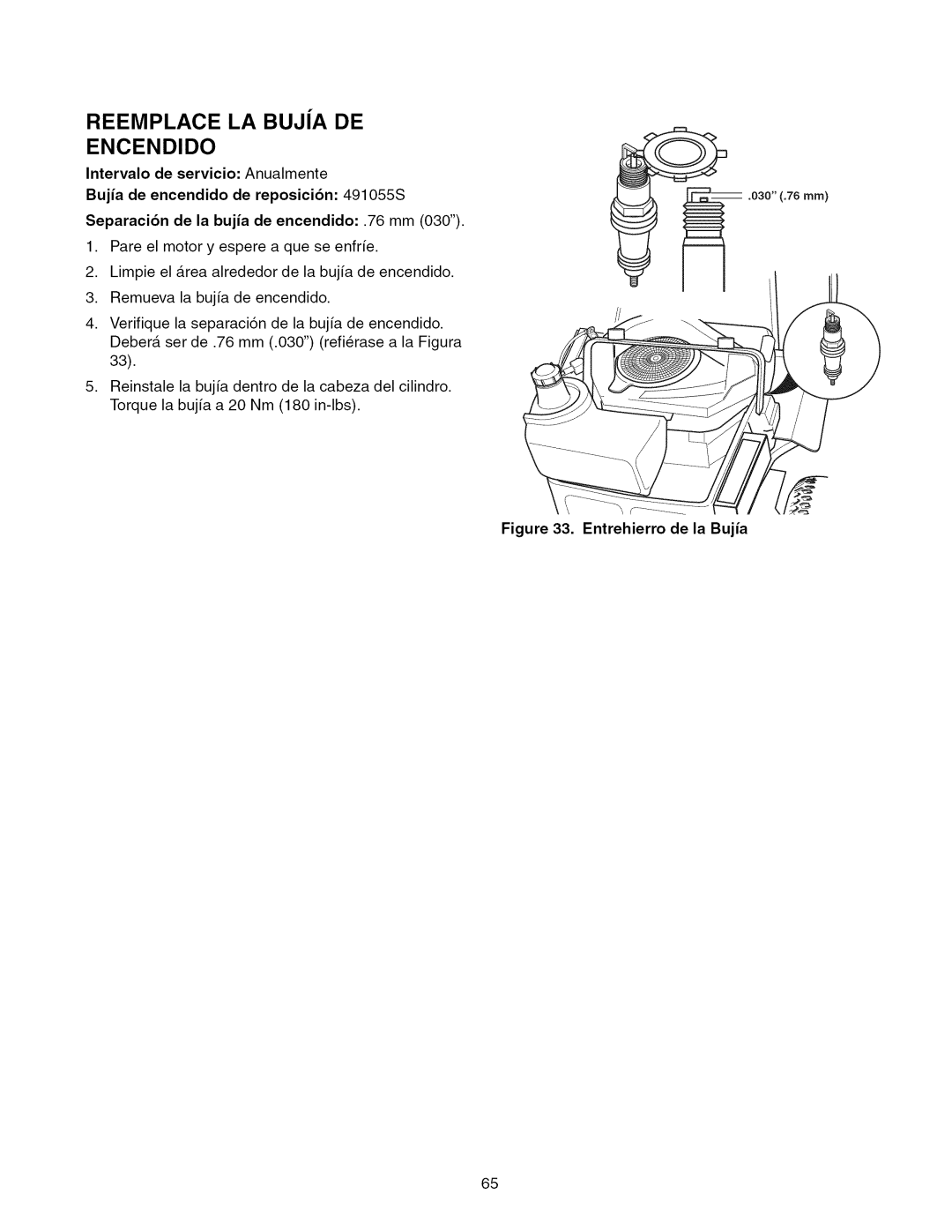 Craftsman ZTS 6000, 107.289860 manual Reemplace LA Bujja DE, Entrehierro de la Bujia 