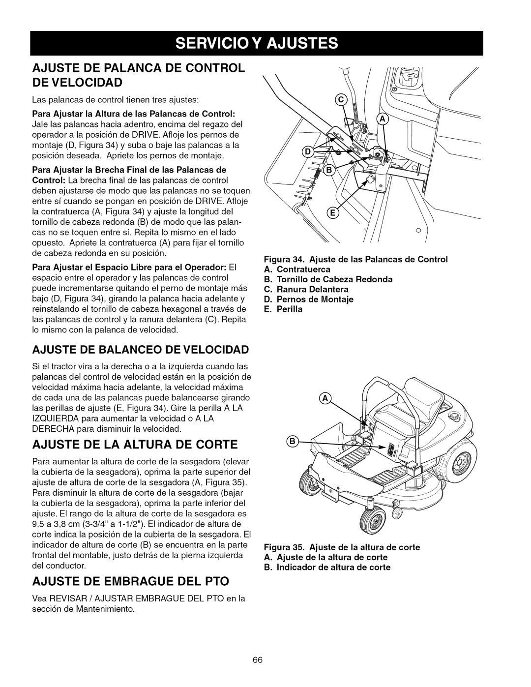 Craftsman ZTS 6000, 107.289860 manual Ajuste DE Palanca DE Control DE Velocidad, Ajuste DE Embrague DEL PTO 