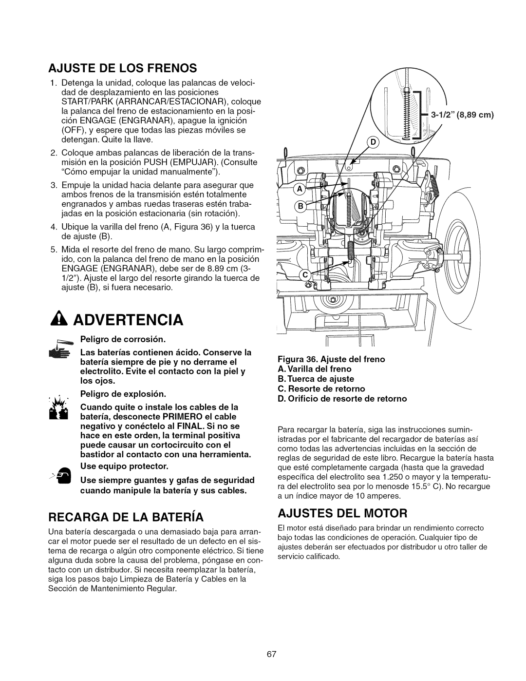 Craftsman 107.289860, ZTS 6000 manual Ajuste DE LOS Frenos, Recarga DE LA Baterja, Ajustes DEL Motor 