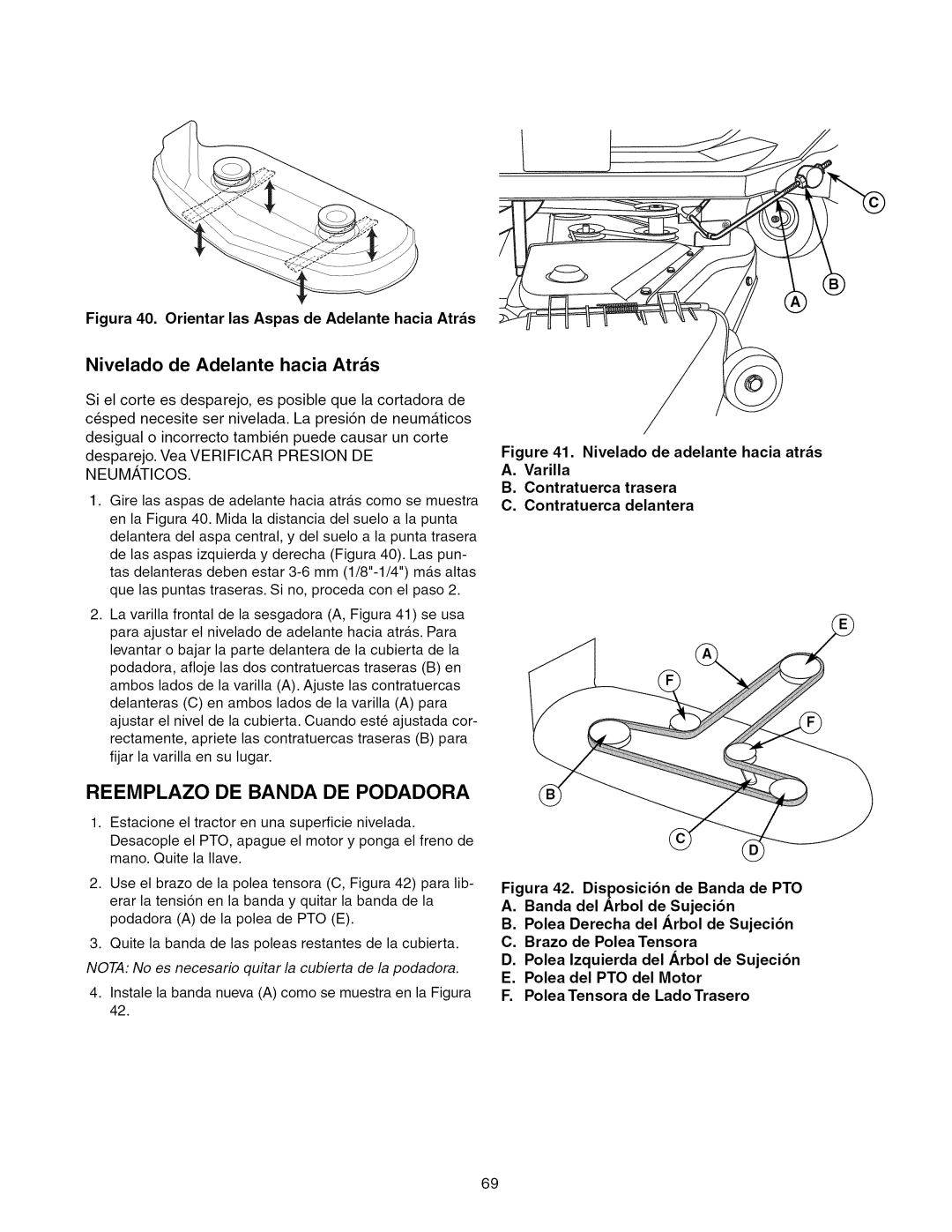 Craftsman ZTS 6000, 107.289860 manual Nivelado de Adelante hacia Atras, Figura 40. Orientar las Aspas de Adelante hacia Atrs 