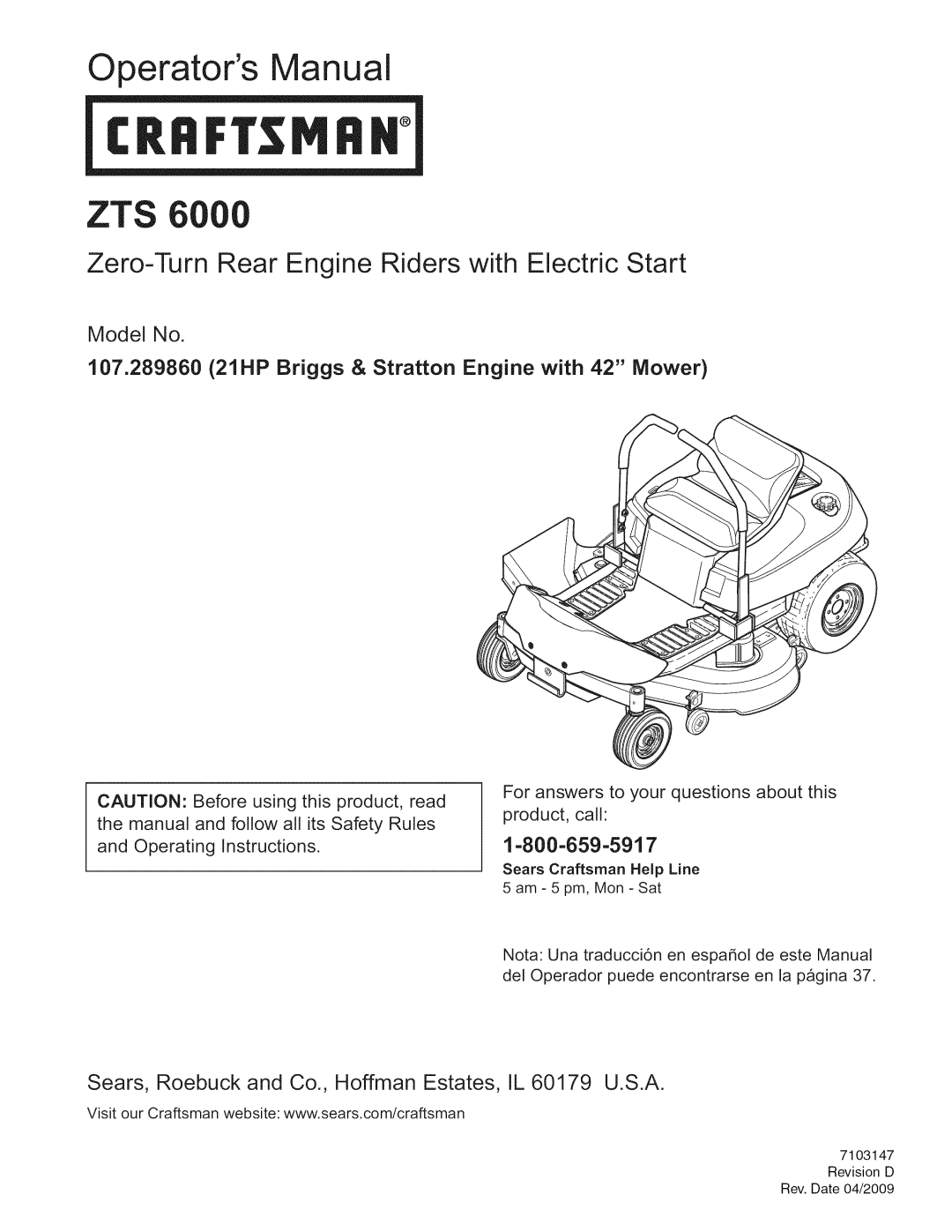 Craftsman 107.289860 manual Operators anual, Zero-TurnRear Engine Riders with Electric Start, Model No, 1-800-659-5917 