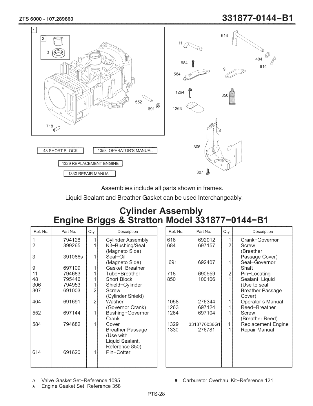 Craftsman 107.289860 manual Cylinder, Assembly, Model 331877-0144-B1, Engine, Briggs, Stratton, ZTS 6000 