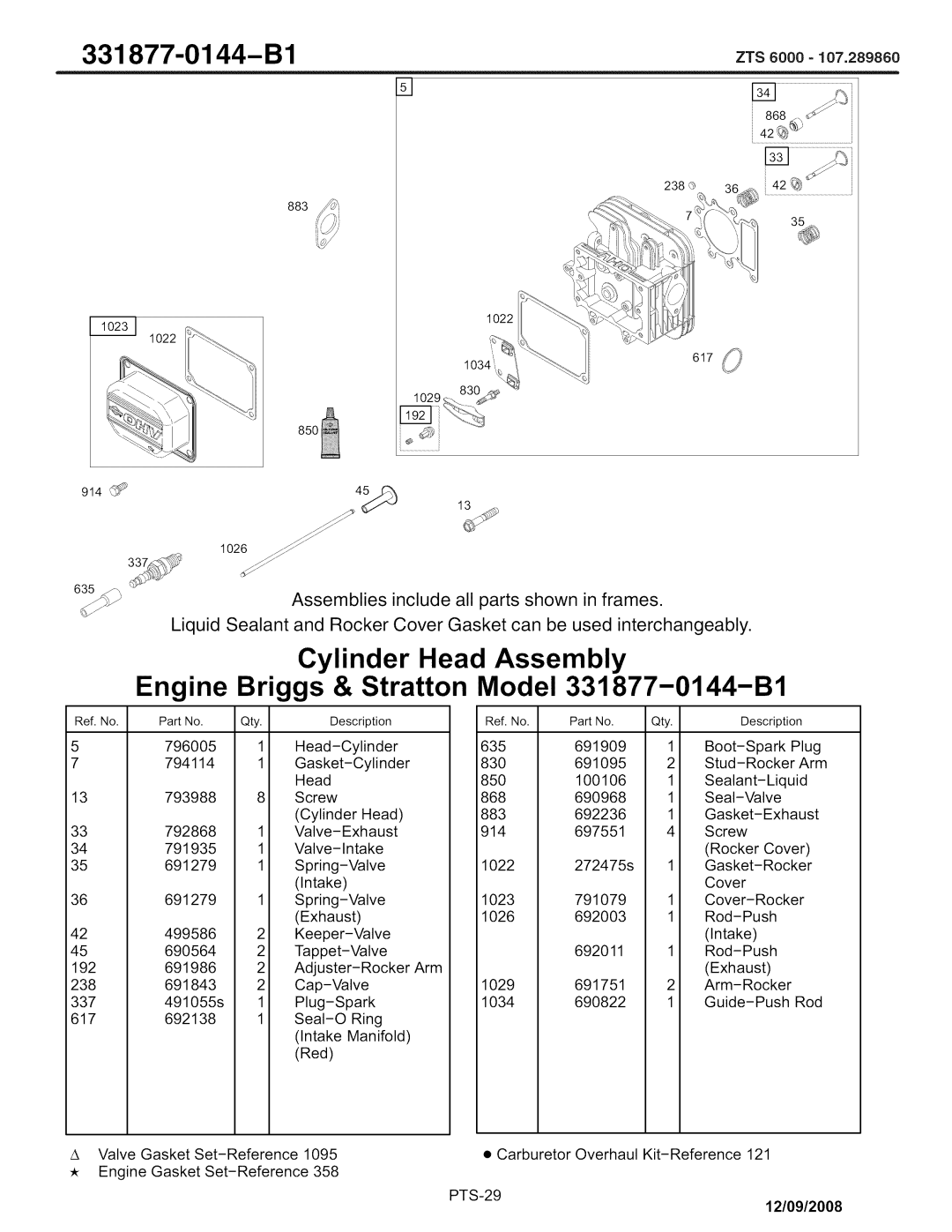 Craftsman ZTS 6000, 107.289860 manual Cylinder Head Assembly, Engine Briggs & Stratton Model 331877-0144-B1 