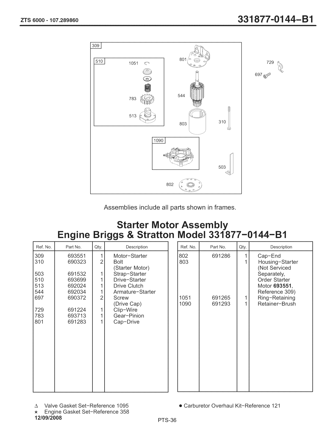 Craftsman ZTS 6000, 107.289860 Starter Motor Assembly, zrs8000lo7- .28986o, Engine Briggs & Stratton Model 331877-0144-B1 