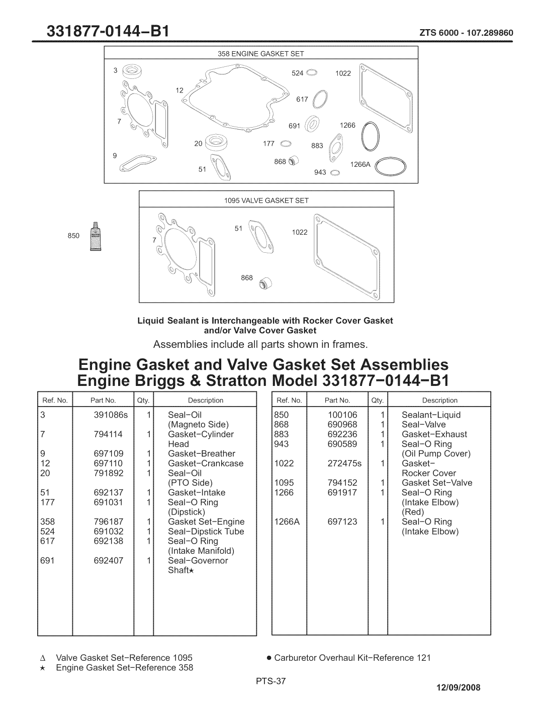 Craftsman 107.289860, ZTS 6000 manual 331 877-01 44-B1, Engine Gasket and Valve Gasket Set Assemblies, Briggs & Stratton 