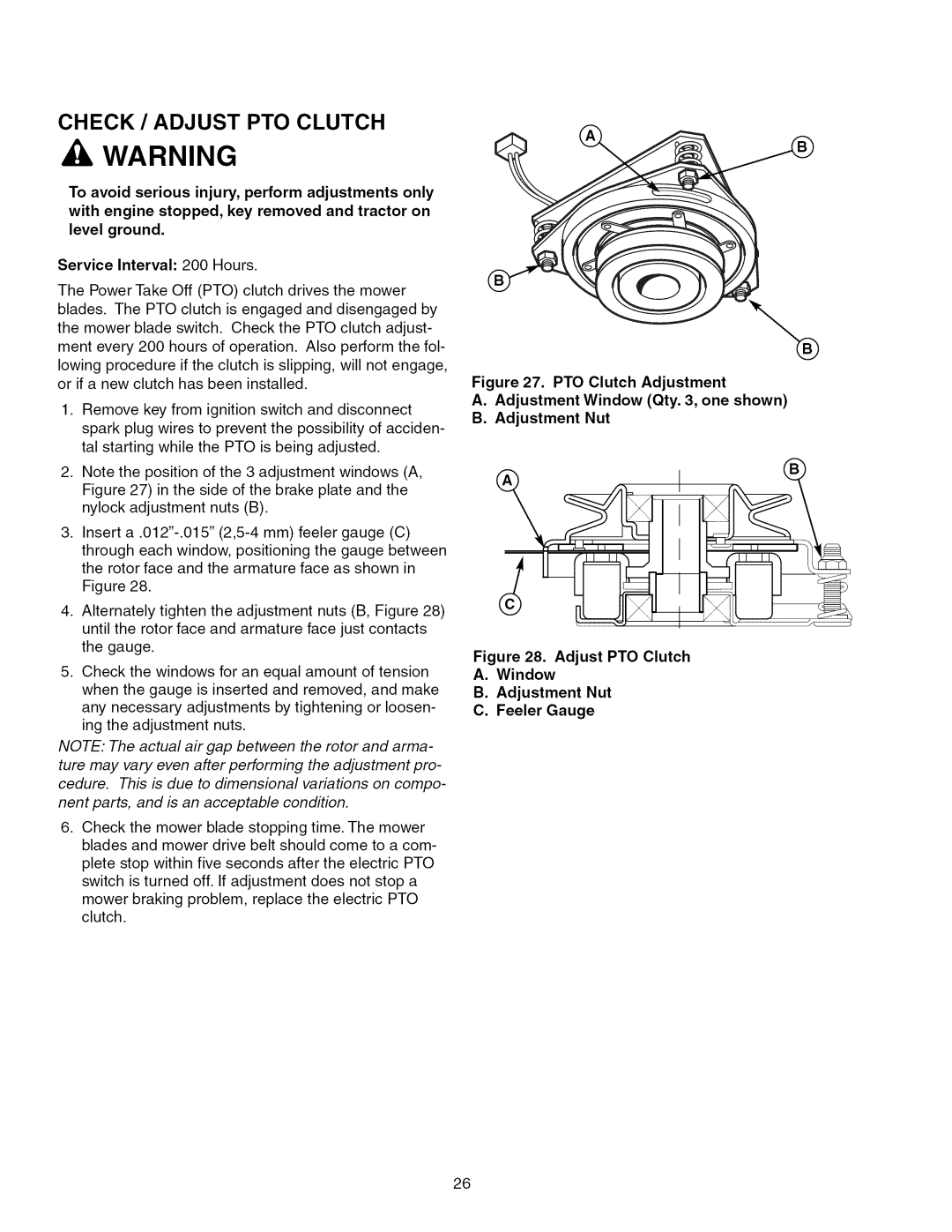 Craftsman 28986 manual Check / Adjust Pto Clutch, PTO Clutch Adjustment, Adjust PTO Clutch, B.Adjustment Nut C.Feeler Gauge 