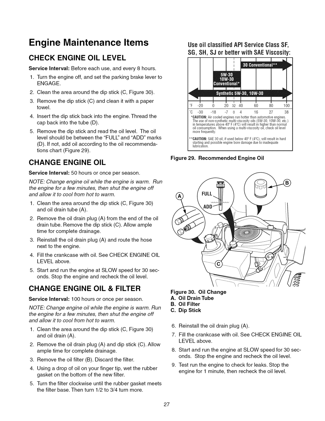 Craftsman ZTS 6000, 107.289860 manual Engine Maintenance Items, Check Engine Oil Level, Change Engine Oil & Filter 