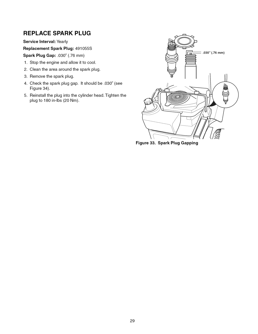 Craftsman ZTS 6000, 107.289860 manual Replace Spark Plug, Spark Plug Gapping 