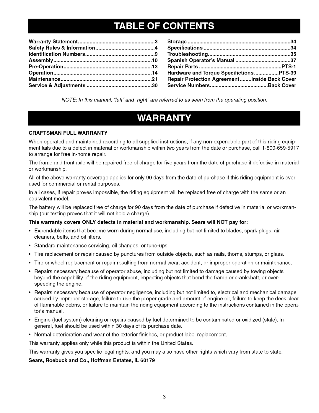Craftsman ZTS 6000 manual Warranty Statement, Storage, Safety Rules, Information, Identification, Numbers, Assembly, Repair 
