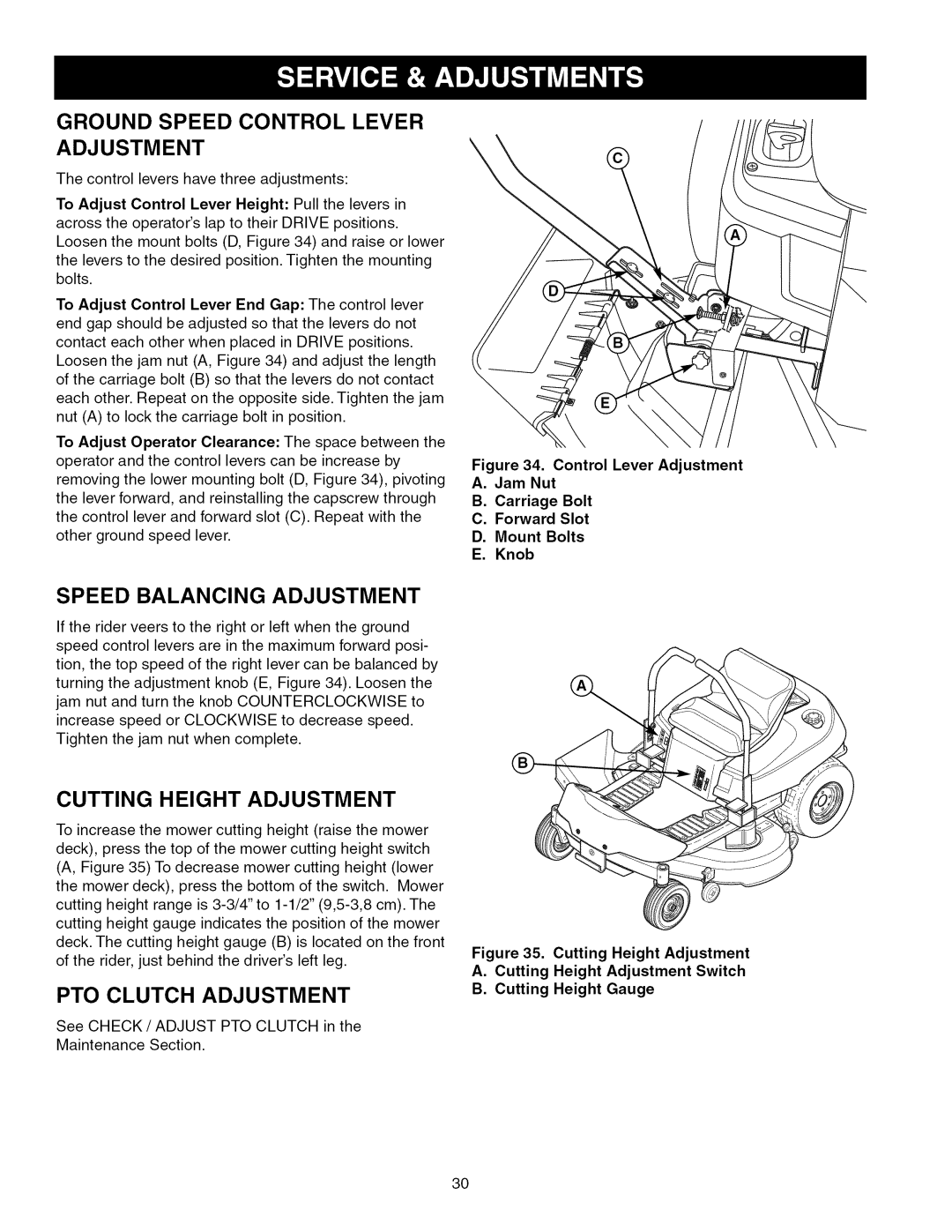 Craftsman ZTS 6000 Ground Speed Control Lever Adjustment, Speed Balancing Adjustment, Cutting Height Adjustment, E. Knob 