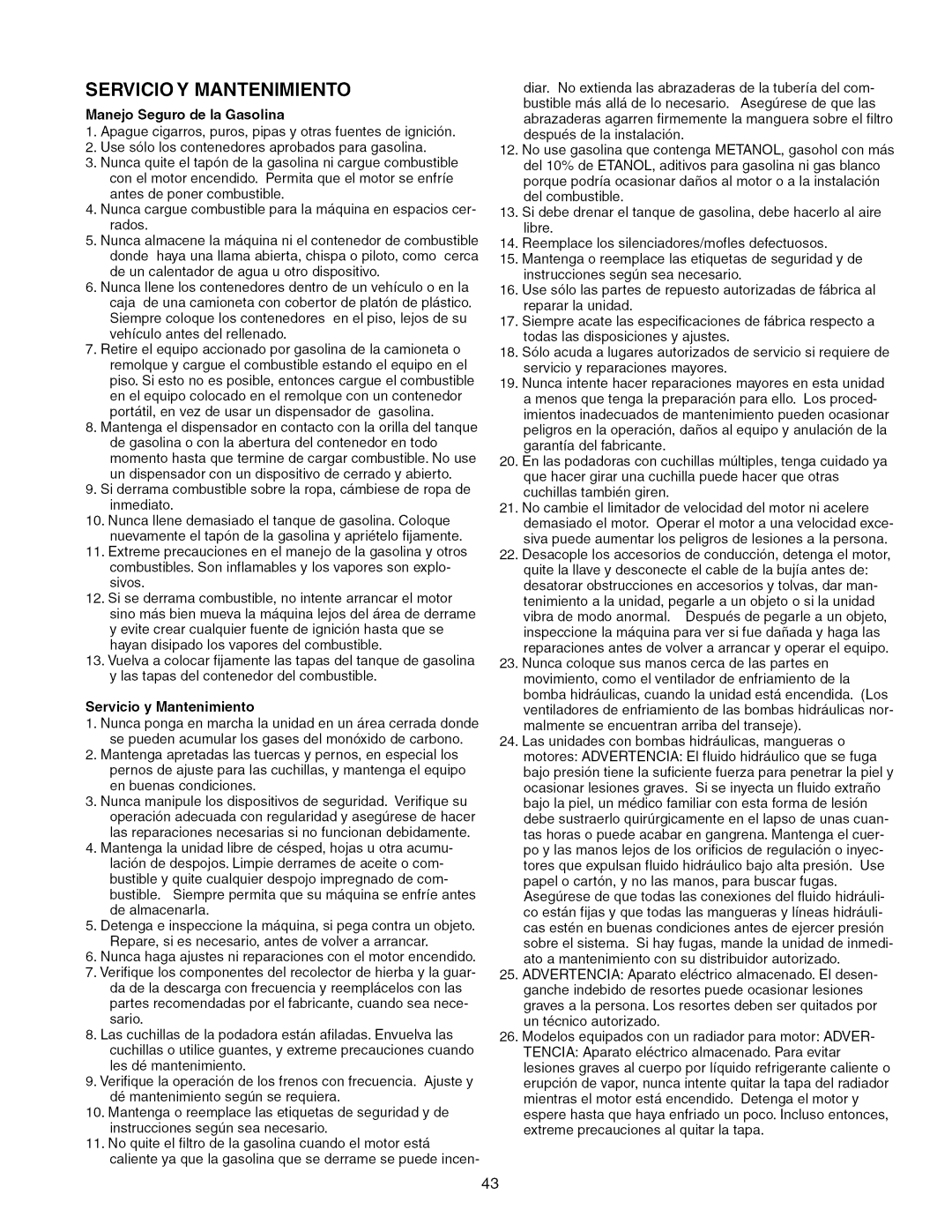 Craftsman 107.289860, ZTS 6000 manual Servicio Y Mantenimiento, Manejo Seguro de la Gasolina, Servicio y Mantenimiento 