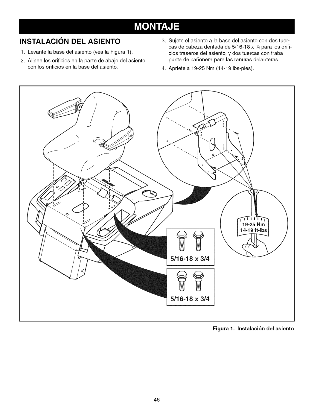Craftsman 107.289860, ZTS 6000 manual Instalacion Del Asiento, Figura 1. Instalaci6n del asiento, 5/16-18x 3/4 5/16-18x 3/4 