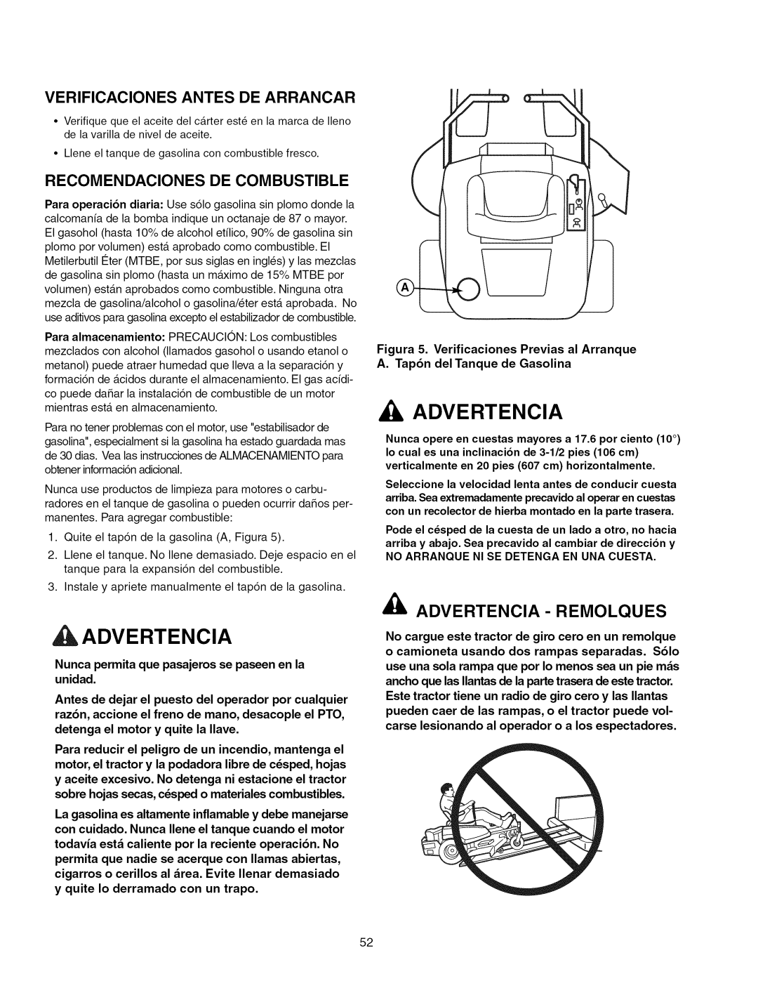 Craftsman 107.289860 manual Advertencia- Remolques, Verificaciones Antes De Arrancar, Recomendaciones De Combustible 