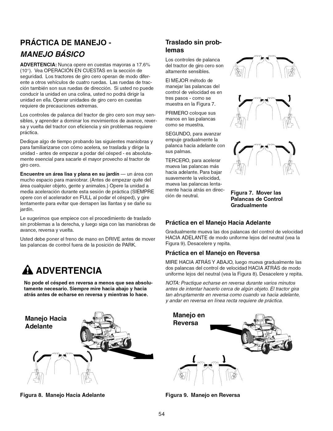 Craftsman ZTS 6000 Practica De Manejo, Manejo Basico, Manejo en, Reversa, Traslado sin prob- lemas, Manejo Hacia, Adelante 