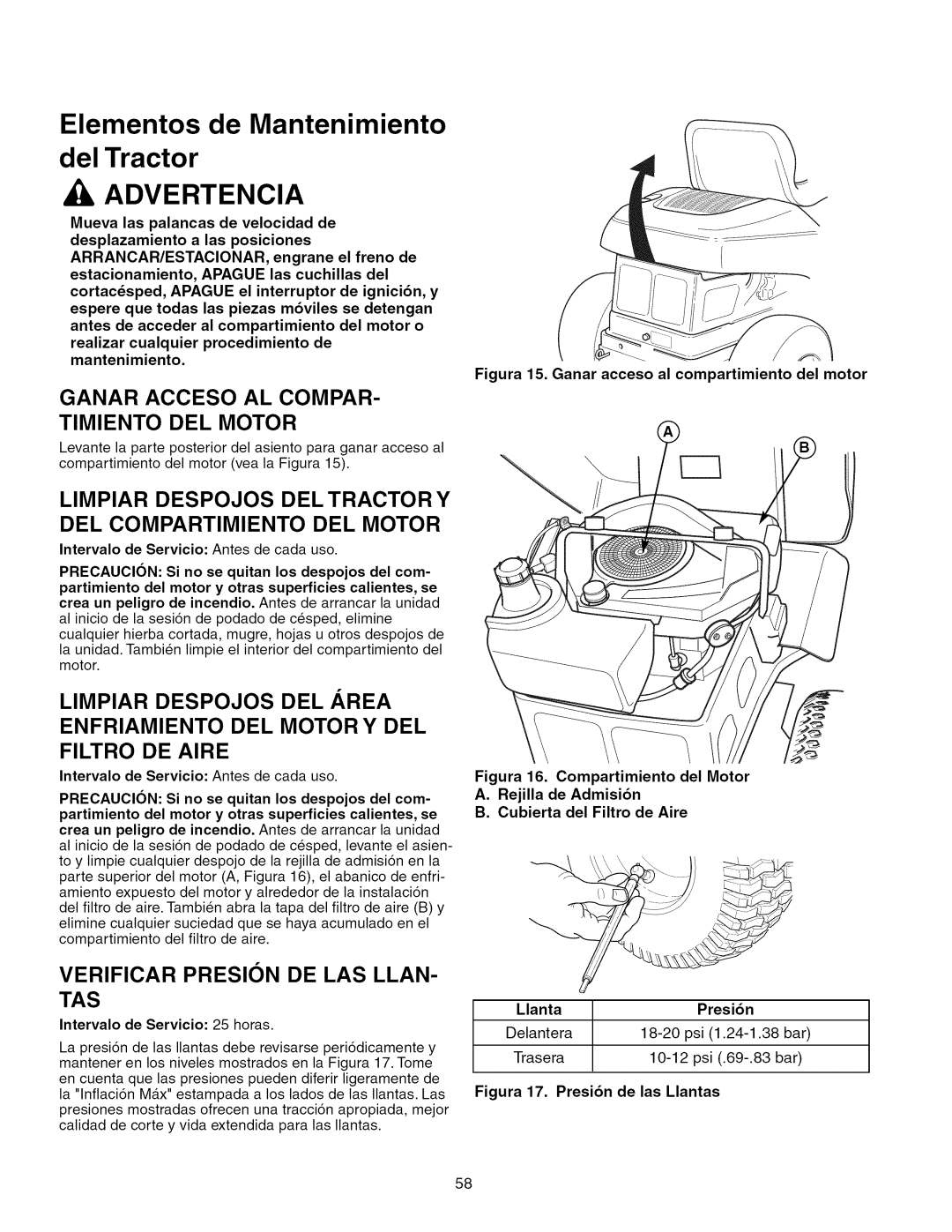 Craftsman 107.289860 manual Elementos de Mantenimiento del Tractor, Aadvertencia, Limpiar Despojos Del Area, Filtro De Aire 