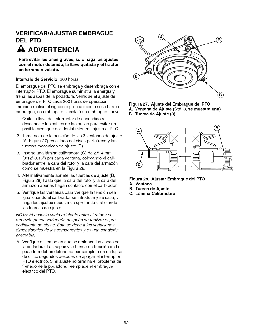 Craftsman 28986, ZTS 6000 manual Verificar/Ajustar Embrague Del Pto, Figura 27. Ajuste del Embrague del PTO, Advertencia 