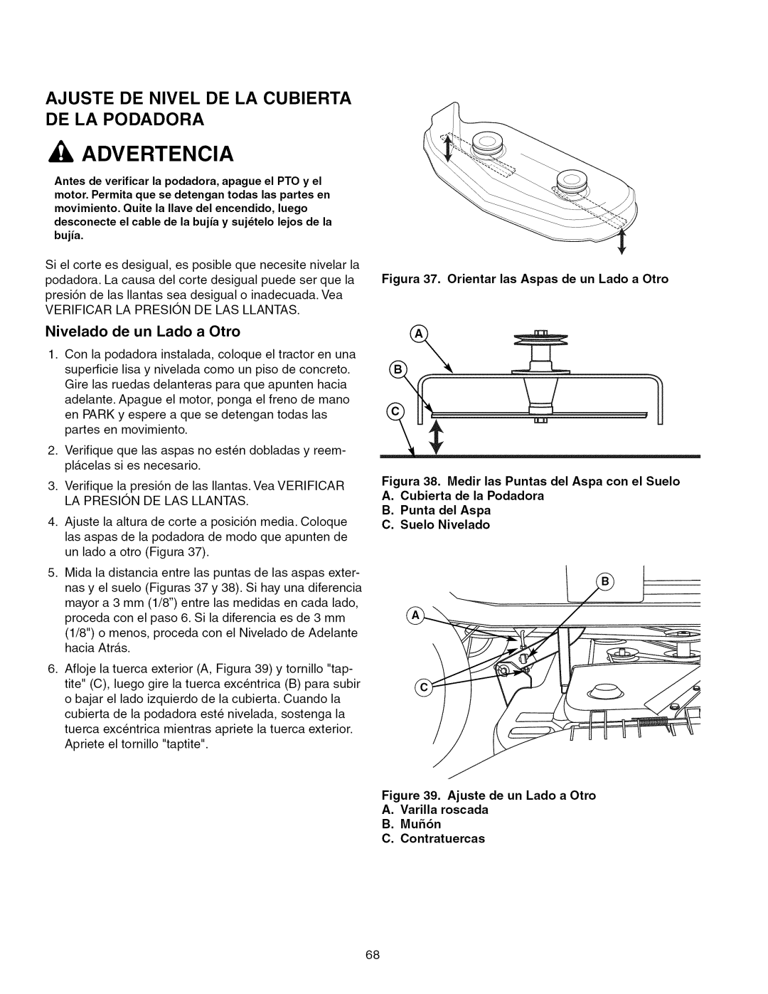 Craftsman 28986 manual Ajuste De Nivel De La Cubierta De La Podadora, Nivelado de un Lado a Otro, Ajuste de un Lado a Otro 