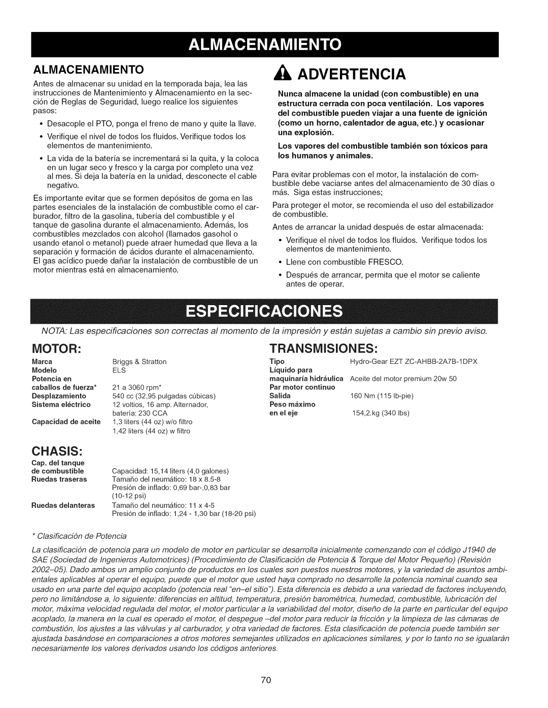 Craftsman 107.289860 manual Motor, Transmisiones, Chasis, Almacenamiento, Advertencia, Modelo, Liquido para, Potencia en 